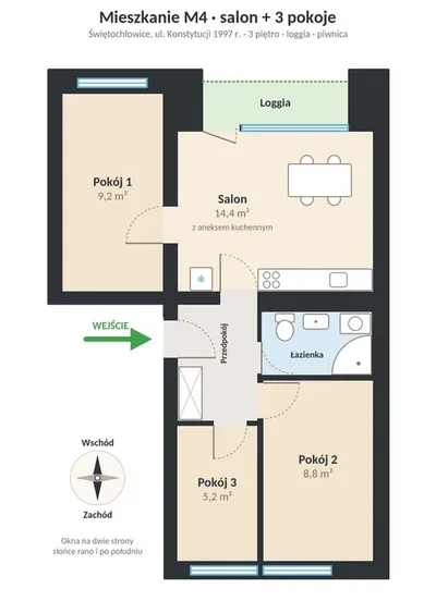 Wynajmę M4 po remoncie: salon + 3 pokoje, | blisko DTŚ | 3 piętro balkon | zero prowizji - miniatura 3