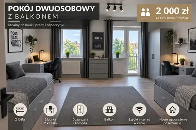 Duży pokój dla 2 osób - balkon, wszystko nowe | Kraśnicka | Frankowskiego