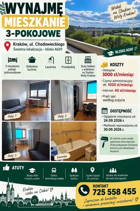 Mieszkanie na wynajem 3 osobowe ul. CHODOWIECKIEGO AGH - 1/6