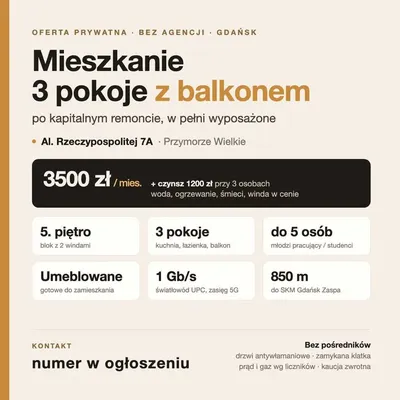 Wynajmę mieszkanie 3 pokoje, Balkon, Po Remoncie - Aleja Rzeczypospolitej, Gdańsk - miniatura 2