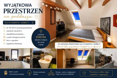 pokój do wynajęcia o powierzchni 42m2 na poddaszu, przytulny, osiedle Strzyża