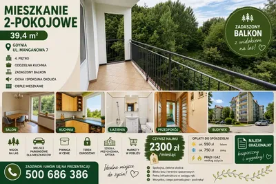 Wynajem mieszkania 2-pokojowego 39m Gdynia
