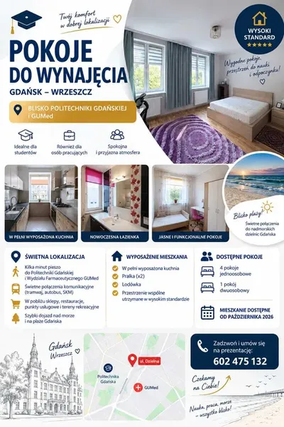 Pokoje do wynajęcia Gdańsk Wrzeszcz