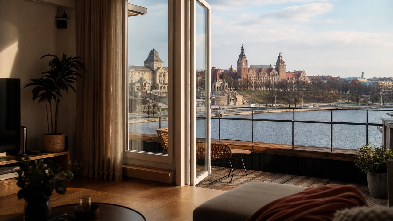 Panorama Szczecina z Wałami Chrobrego i nabrzeżem Odry, ilustracja szczecińskiego rynku najmu i wpływu portu na lokalną gospodarkę