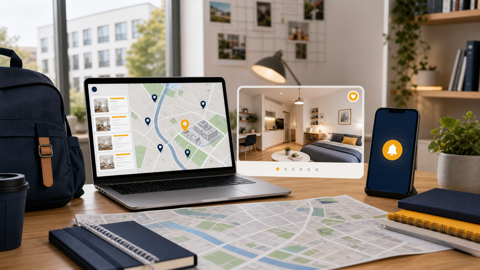 Laptop z mapą ofert najmu przy kampusie, notatnik, plecak i telefon z alertem mieszkania dla studentów