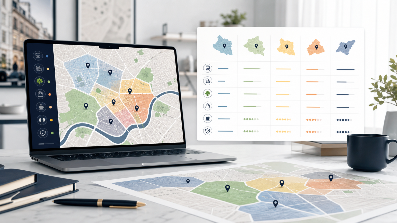 Mapa miasta z kilkoma zaznaczonymi dzielnicami, obok tabela porównująca dojazd, koszt i wygodę codziennego życia