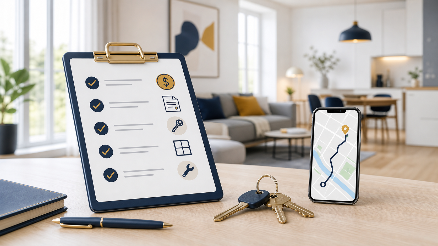 Lista pytań na clipboardzie podczas oglądania mieszkania, obok telefon z mapą dojazdu i klucze