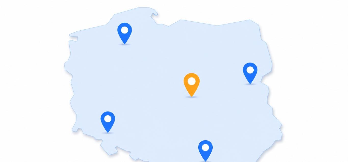 Mapa Polski z pinami oznaczającymi największe miasta z aktywnym rynkiem najmu — Warszawę, Kraków, Gdańsk, Wrocław i Poznań