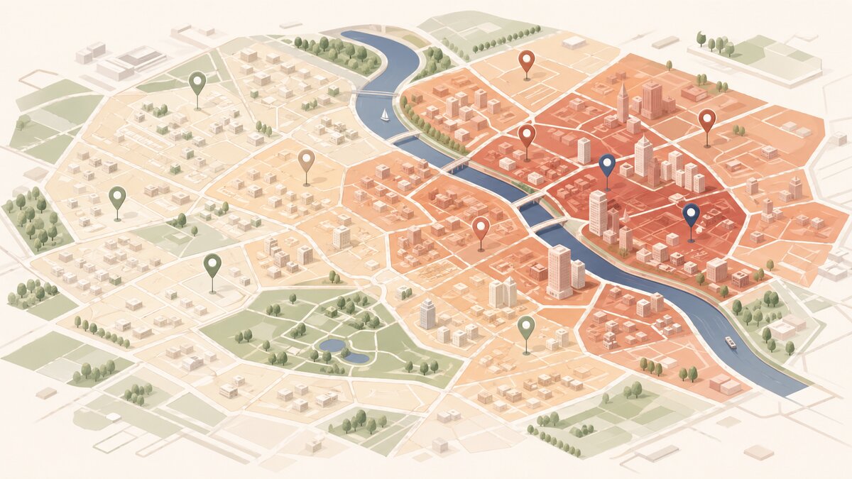 Izometryczna mapa miasta z gradientową heatmapą cen wynajmu i pinami dzielnic